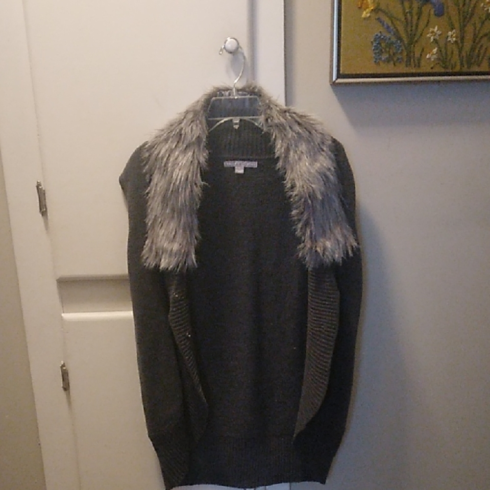 Valerie Stevens Charcoal Cardigan with Faux Fur Removeable Collar